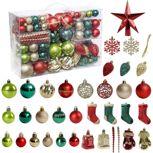 Christmas Tree Ornament Set Red Green Gold 132pcs