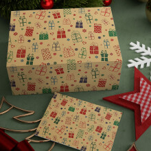 Ensemble de papier cadeau de Noël Kraft à motif flocons de neige et sapin vert