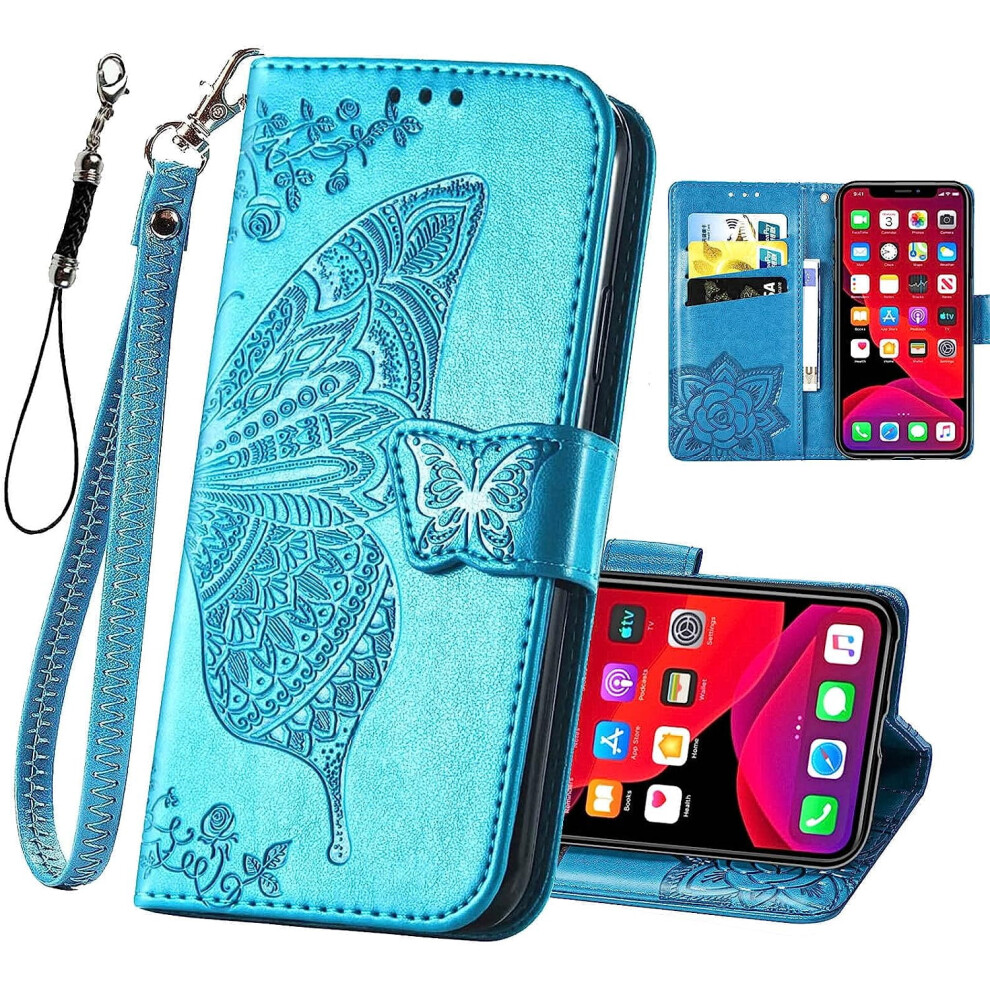 Butterfly Embossed Pu Leather Wallet Case For Iphone 11 Blue 301029231803
