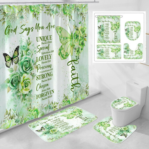 Duschvorhang-Set mit rotem Schmetterling im Boho-Stil, 4-teilig