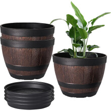 Lot de 3 pots de fleurs en plastique en forme de tonneaux de whisky, avec trous de drainage et soucoupe, pour plantes et fleurs d'intérieur et
