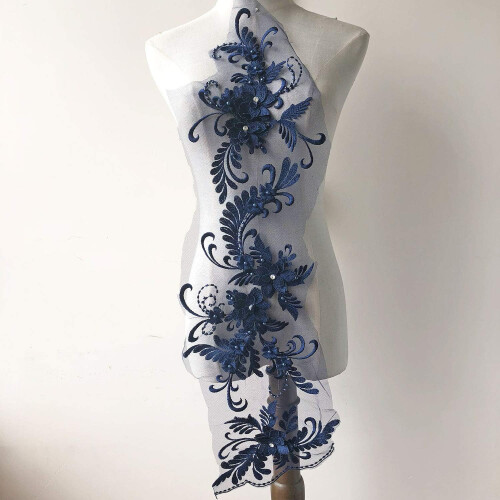 3D-Perlenblumen-Spitzenapplikation, marineblau, 1-teilig 1