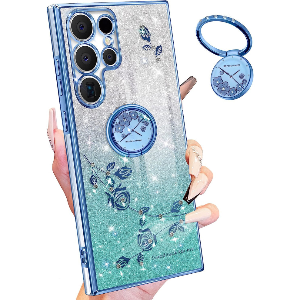 Galaxy S23 Ultra Case Glitter Floral Ring 6.8 Inch Blue 9065194865355