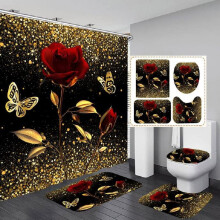 Ensemble de rideau de douche 4 pièces à motif de feuilles tropicales, compatible avec crochets dorés, motif léopard, avec tapis antidérapant et