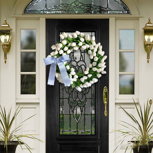 White Tulip Wreath Artificial Silk Bow 13.8 Inch 1