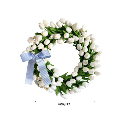 White Tulip Wreath Artificial Silk Bow 13.8 Inch 2