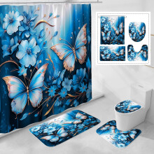 Ensemble de douche 4 pièces à motif papillons violets avec tapis antidérapants, couvre-abattant de toilette et tapis de bain, décoration de salle
