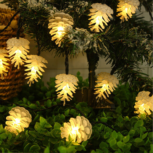 Luzes de Natal em forma de pinha, solares, 8 funções