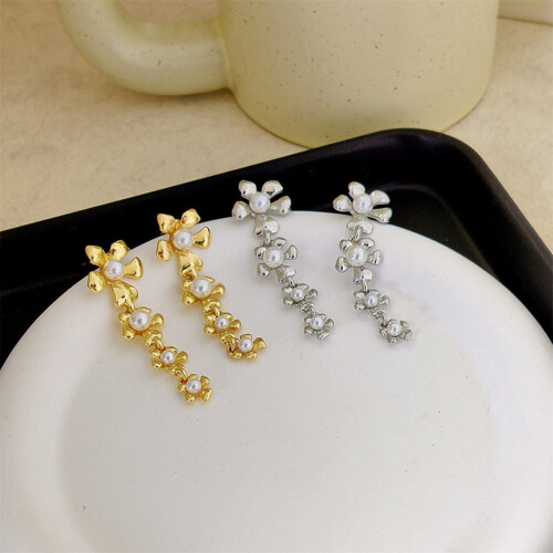 Flower Pearl Tassel Earrings 925 Silver 1 Pair 1