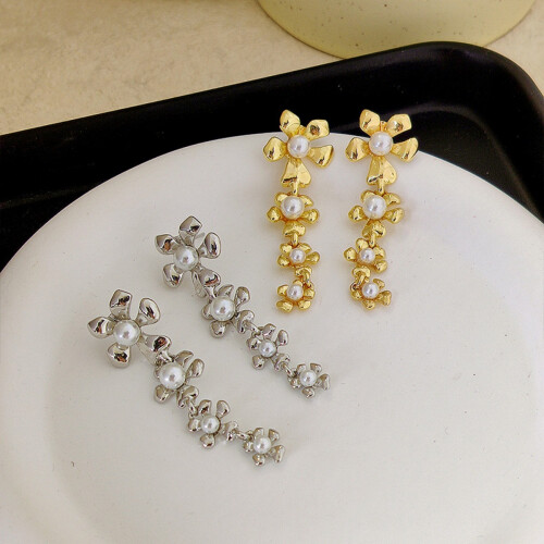 Flower Pearl Tassel Earrings 925 Silver 1 Pair 2