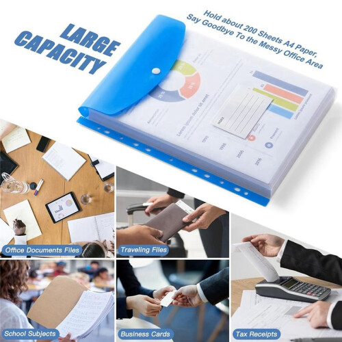 Binder Pocket Organizer Folders, 12 Pack Expandable Folders Plastic Envelopes Binder Folders for 2/3/4 Ring Binder 2