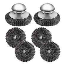 2 Éponges à Récurer en Acier Inoxydable avec Poignée, 4 Éponges de Rechange, pour Nettoyer la Fonte, la Vaisselle, les Casseroles de Cuisine, les