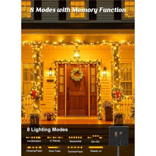 2 Pack Solar String Lights Outdoor Waterproof,200 LED Solar Powered String Lights with 8 Modes, Auto /Off(Warm White) 2