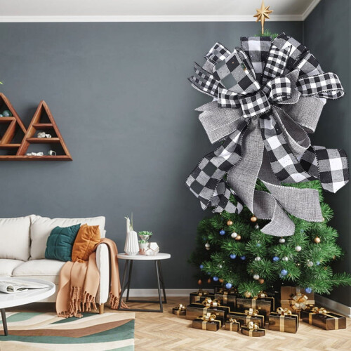 Christmas Tree Topper Bow White Black Buffalo Plaid 1 Pack 1