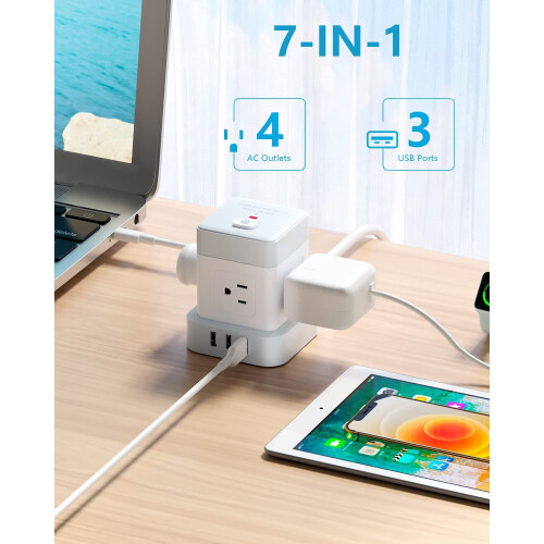 Πολύπριζο με επίπεδη πρίζα USB4 Πρίζες3 Θύρες USB1,5 μ. 2