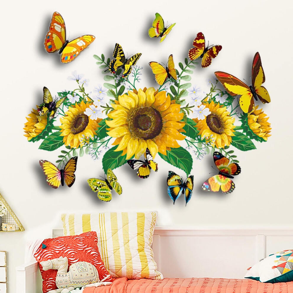 Sunflower Wall Decals 3D Yellow Daisy With Green Leaves 1 969218191224