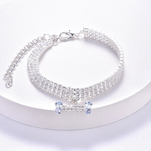 Collier en forme d'os avec strass pour chien, ajustable S/M/L, 3 rangs 1