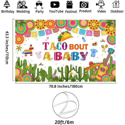 Fiesta Baby Shower Backdrop Taco Theme Cactus Design 70.8 x 1