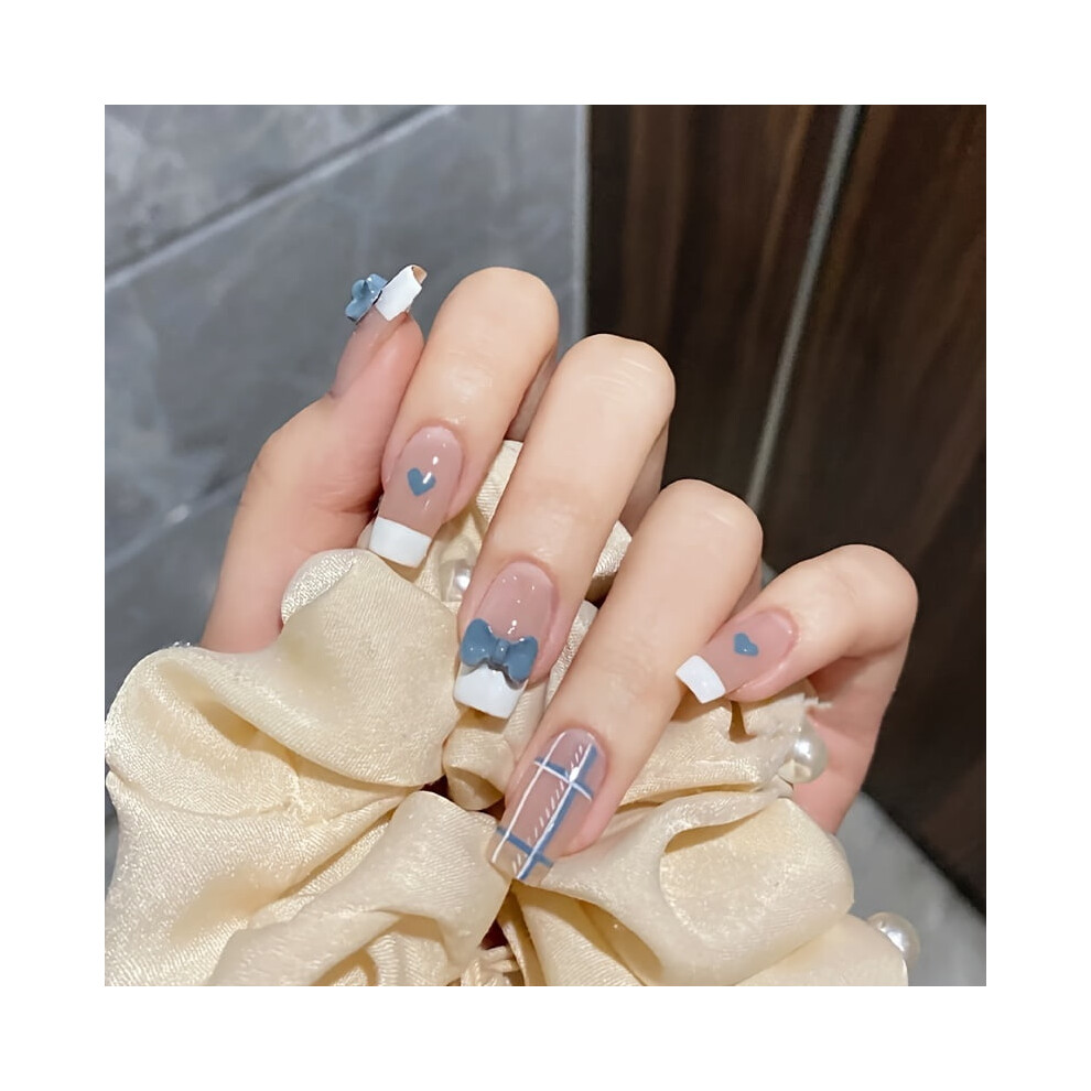 Coffin Press-on Nails Blue Pink Heart Bow Design 24 pcs