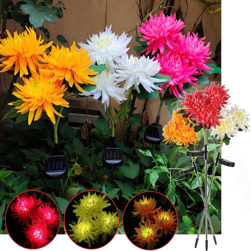 Luminária solar de jardim para crisântemo rosa com 3 LEDs. 1