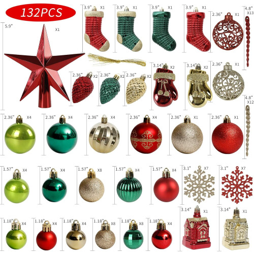 Christmas Tree Ornament Set Red Green Gold 132pcs 1