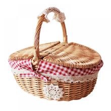 Panier de pique-nique ovale en osier avec couvercle et doublure à motif floral