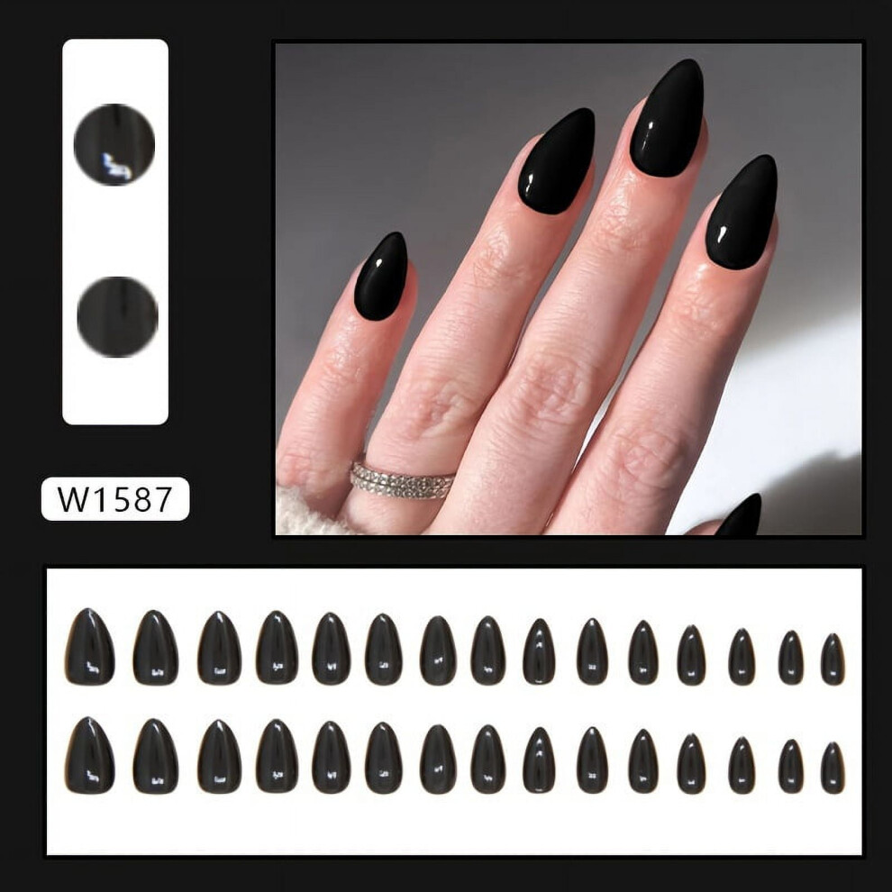 Glossy Black Almond Press-On Nails 30pcs