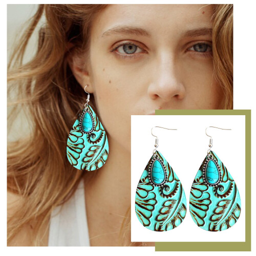 Vintage leather water drop earrings with blue turquoise 1