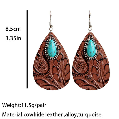 Vintage leather water drop earrings with blue turquoise 2