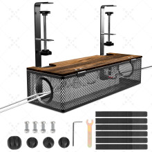 Caja organizadora de cables para debajo del escritorio con abrazadera metálica y bambú.