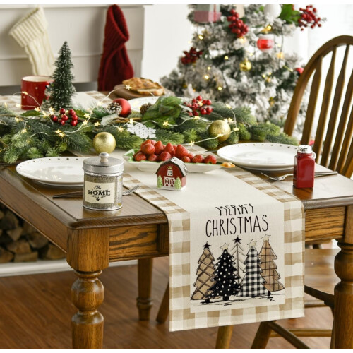 Watercolor Buffalo Plaid Christmas Tree Table Runner 1