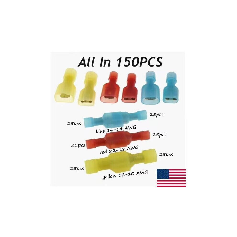 Insulated Spade Crimp Connectors 150 Pcs 10-22 Awg 9107258525741