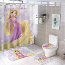 Zestaw 4 zasłon prysznicowych Rapunzel z dywanikami antypoślizgowymi, nakładką na toaletę i matą łazienkową, wodoodporna zasłona z motywem