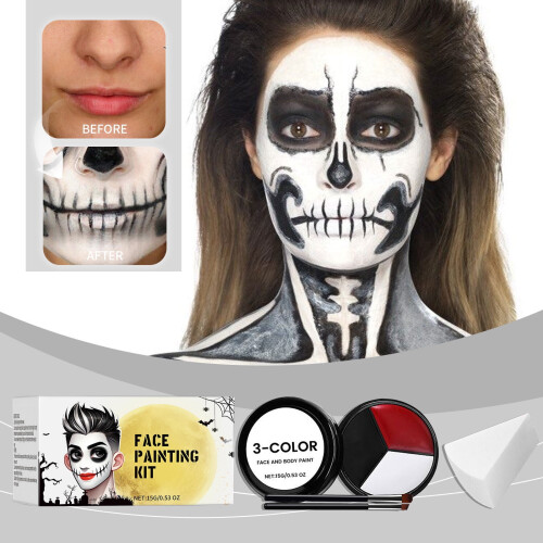 Face Paint Kit Black White Red 5ml with Sponge and Brush 1