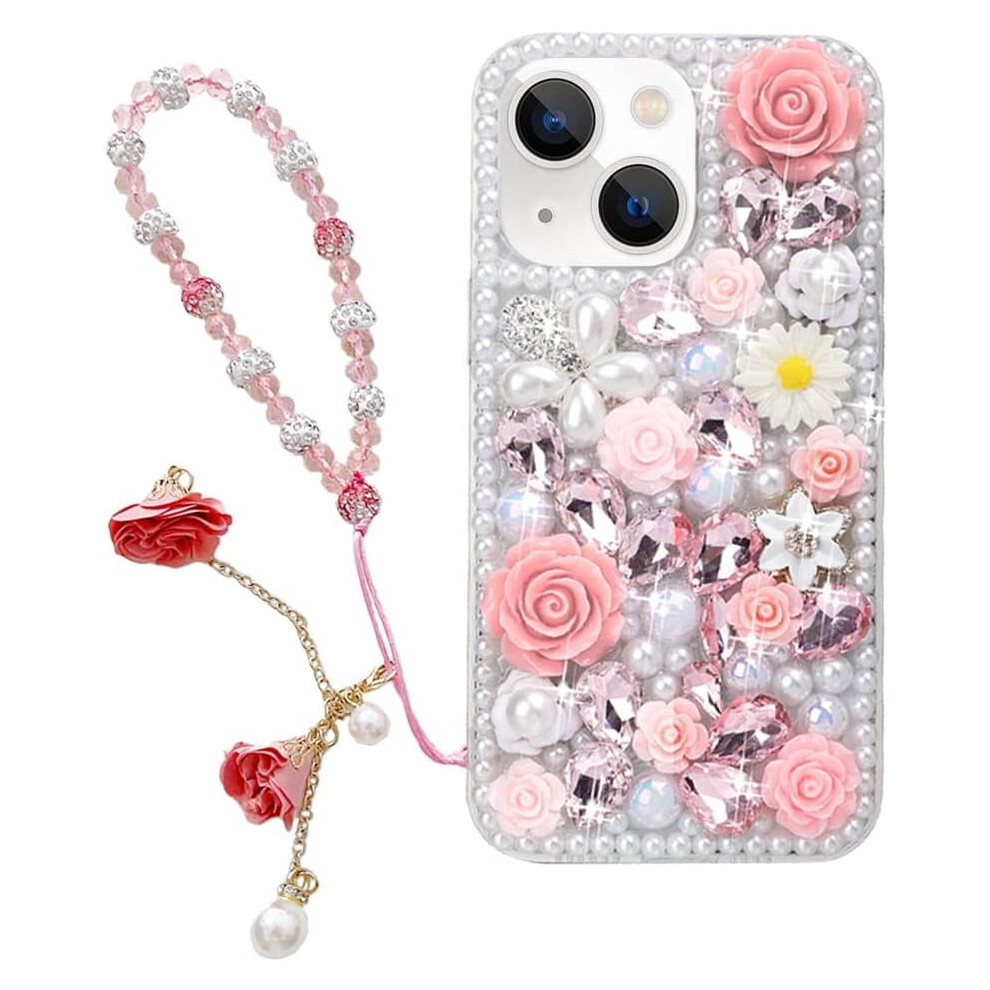 Iphone 14 Bling Case With Strap, Glitter Rhinestone Floral 901175601385