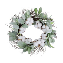 Eucalyptus and Cotton Wreath, 15.7Inches Artificial Wreath on a Natural Twig Base for Farmhouse, Garden, Wedding, Decor