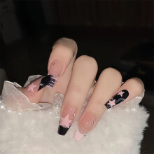 French Tip False Nails Black Pink Glossy 24 pcs