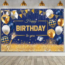 2,1 x 1,5 m großes, marineblaues „Happy Birthday“-Banner mit blau-goldenen Glitzerballons, passend zur Kuchen- und Tischdekoration,