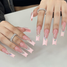 Pink Coffin Press-On Nails with White Tip and Rhinestones