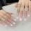 Pink Coffin Press-On Nails with White Tip and Rhinestones 1