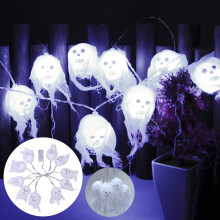 Lampki choinkowe w kształcie czaszki ducha na Halloween, 10 diod LED, białe