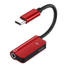 USB-C naar 3,5 mm hoofdtelefoonadapter met oplaadpoort, rood