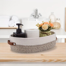 1 Cesto de armazenamento rústico chique trançado - Organizador multiuso em corda de algodão com alças de couro, elegante cesto de mesa com alça