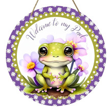 Panneau de porte en bois Grenouille printanière 20 x 20 cm violet et vert