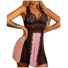 Penkiiy geborduurde babydoll nachtjurk van mesh en kant, maat XL, roze