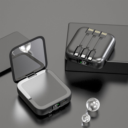Specchio di bellezza portatile con alimentatore, 3 cavi e batteria.