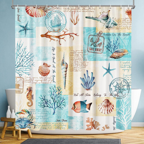 Duschvorhang mit Seepferdchen- und Muschelmotiv, Polyester, 183 x 183 cm