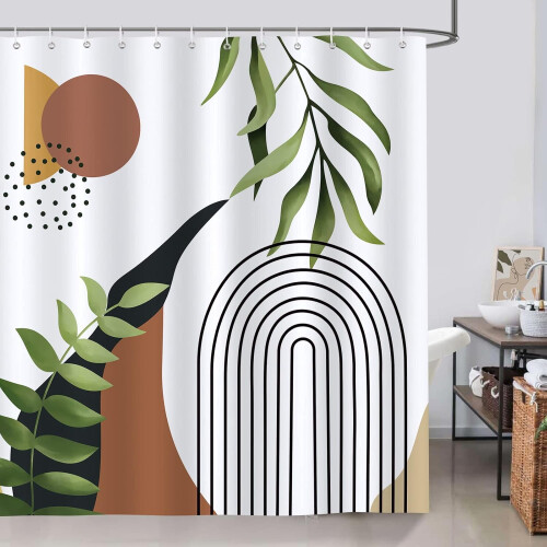 Boho-Duschvorhang mit grünem Blattbogen-Design, 183 x 183 cm
