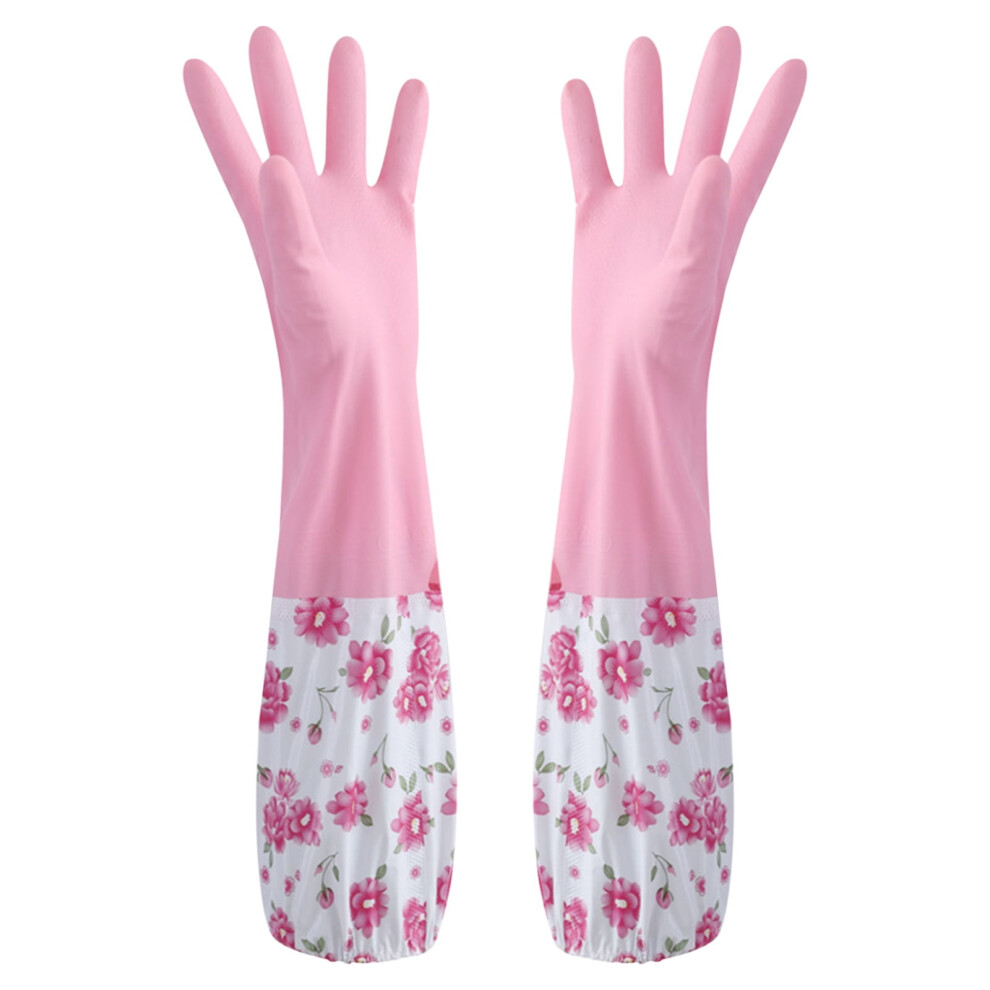 Penkiiy Pink Flower Rubber Dishwashing Gloves with Fleece