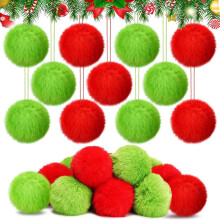 Green Furry Christmas Ball Ornaments Set with Red Accents
